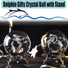 2.4 inch Dolphin Crystal Ball with Flower Stand - 3D Laser Engraved