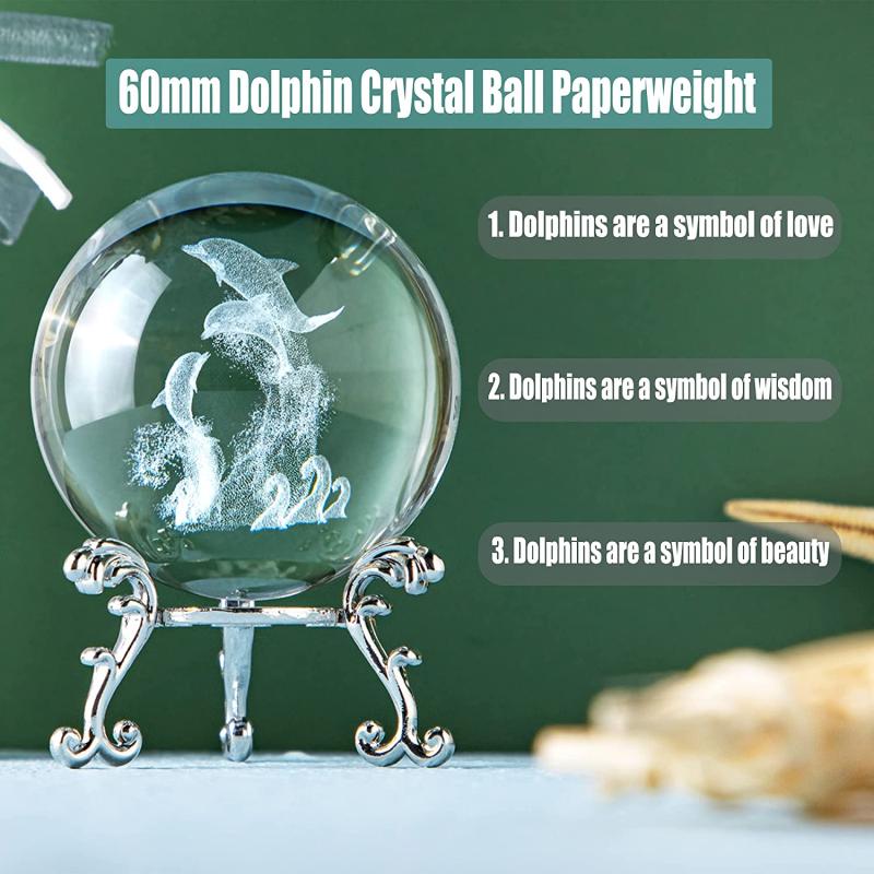 2.4 inch Dolphin Crystal Ball with Flower Stand - 3D Laser Engraved