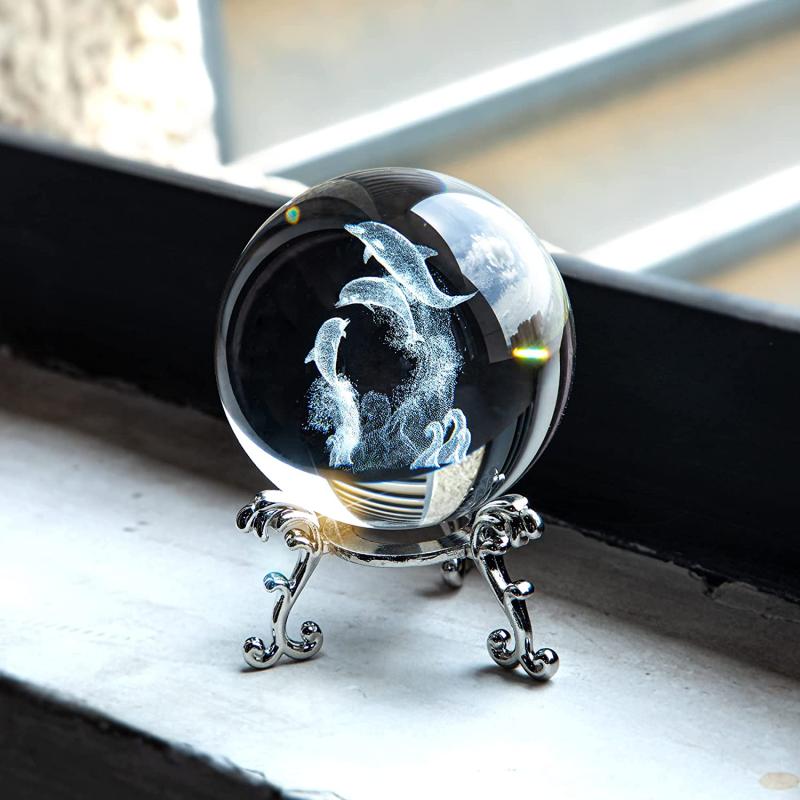 2.4 inch Dolphin Crystal Ball with Flower Stand - 3D Laser Engraved