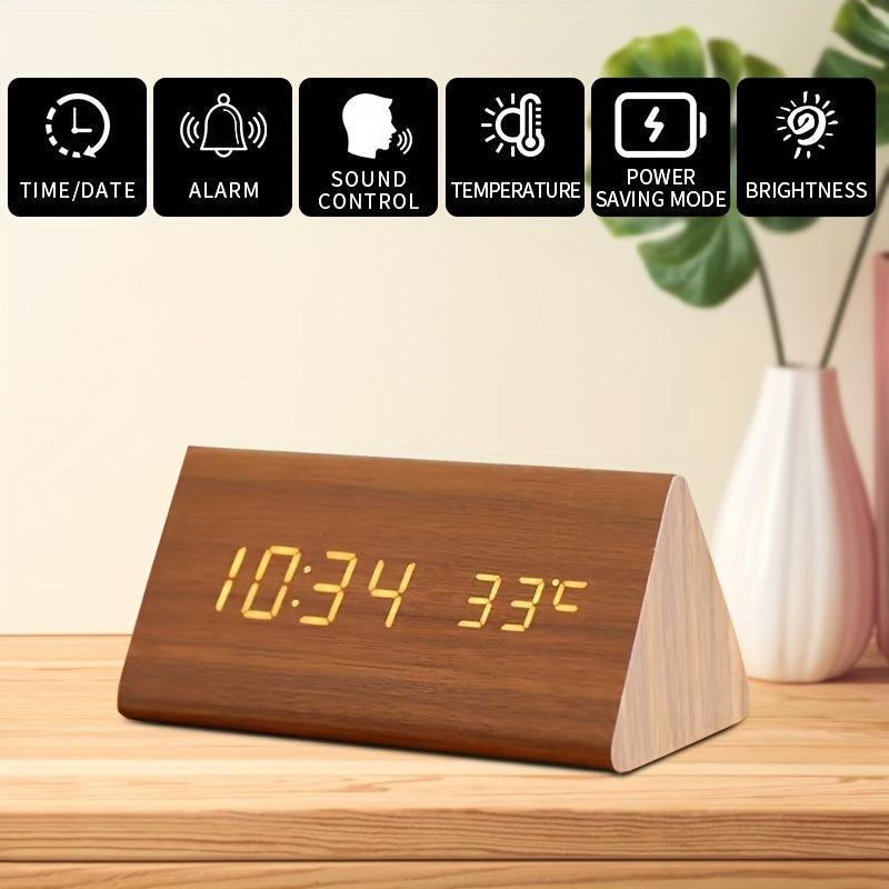 Smart LED Wooden Alarm Clock with Voice Control Square Design