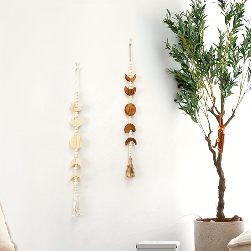 Boho Wooden Moon Phase Wall Hanging Beaded Flower Wreath