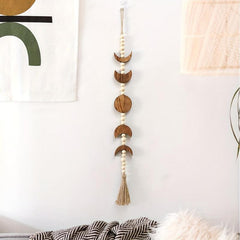 Boho Wooden Moon Phase Wall Hanging Beaded Flower Wreath
