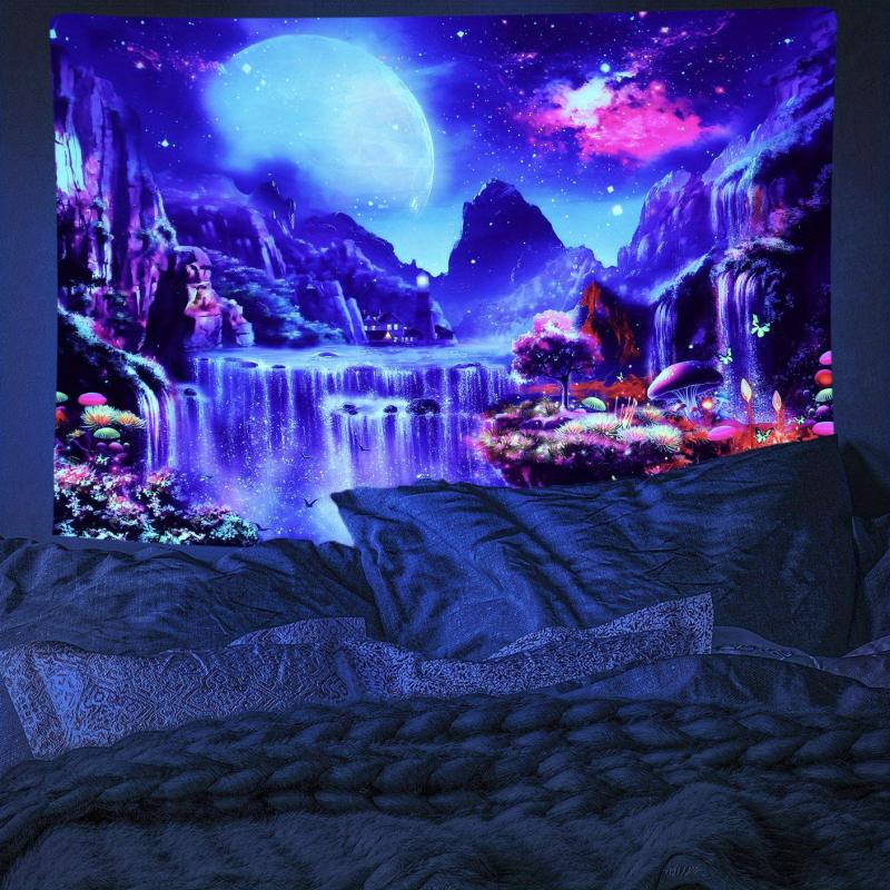 Fantasy Forest Blacklight Tapestry Moon Butterfly Starry Sky UV Tapestry