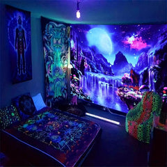 Fantasy Forest Blacklight Tapestry Moon Butterfly Starry Sky UV Tapestry