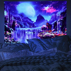 Fantasy Forest Blacklight Tapestry Moon Butterfly Starry Sky UV Tapestry