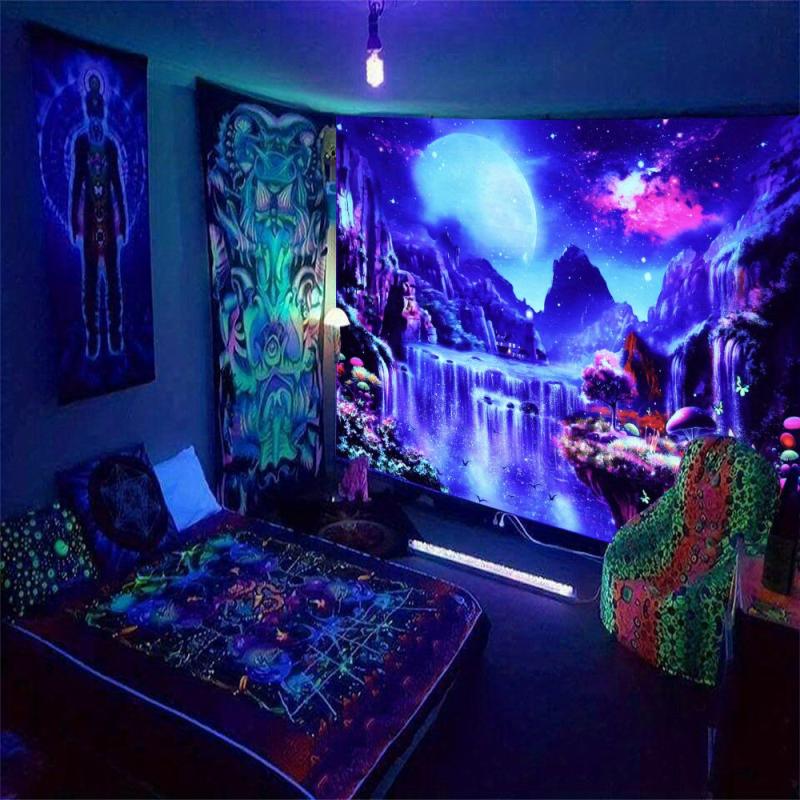 Fantasy Forest Blacklight Tapestry Moon Butterfly Starry Sky UV Tapestry