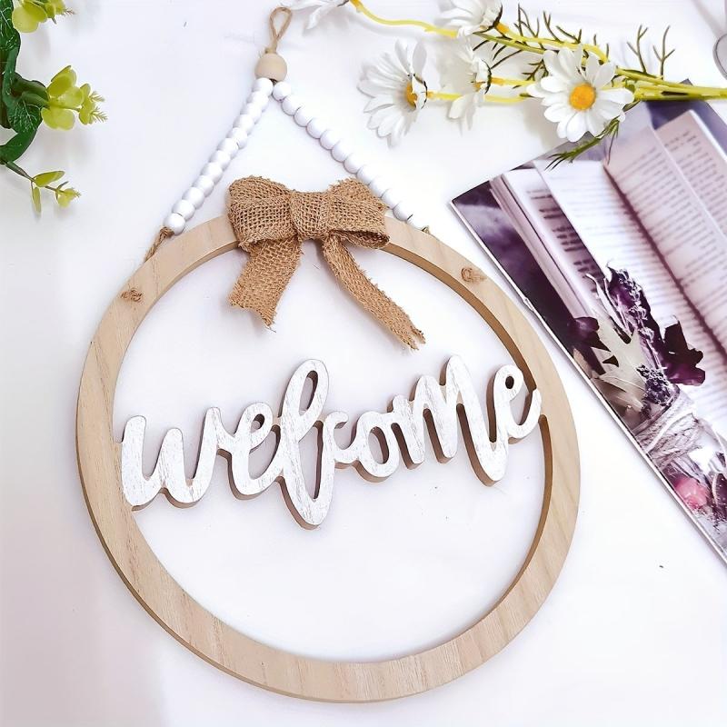 Wooden Welcome Sign Round Front Door Decor Farmhouse Porch Hangers Hello Wreaths