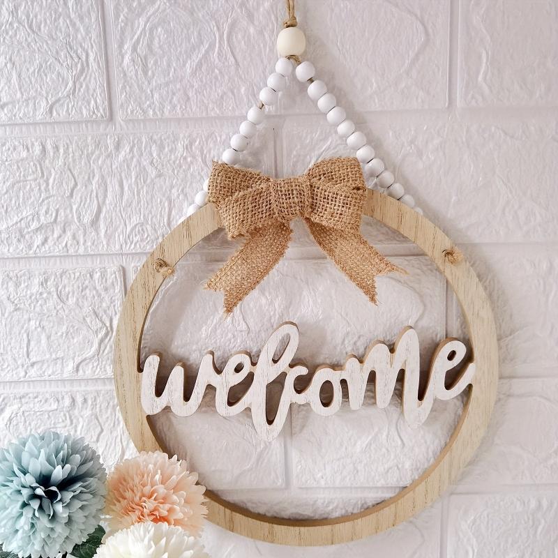 Wooden Welcome Sign Round Front Door Decor Farmhouse Porch Hangers Hello Wreaths