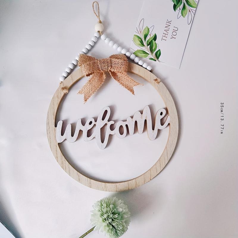 Wooden Welcome Sign Round Front Door Decor Farmhouse Porch Hangers Hello Wreaths