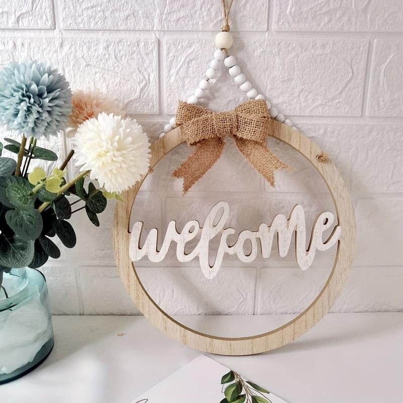 Wooden Welcome Sign Round Front Door Decor Farmhouse Porch Hangers Hello Wreaths