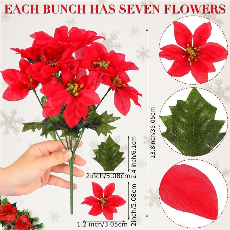 6pcs Christmas Artificial Poinsettia Flowers Faux Silk Poinsettia Bush Bouquets