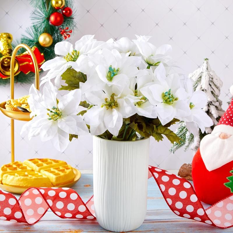 6pcs Christmas Artificial Poinsettia Flowers Faux Silk Poinsettia Bush Bouquets