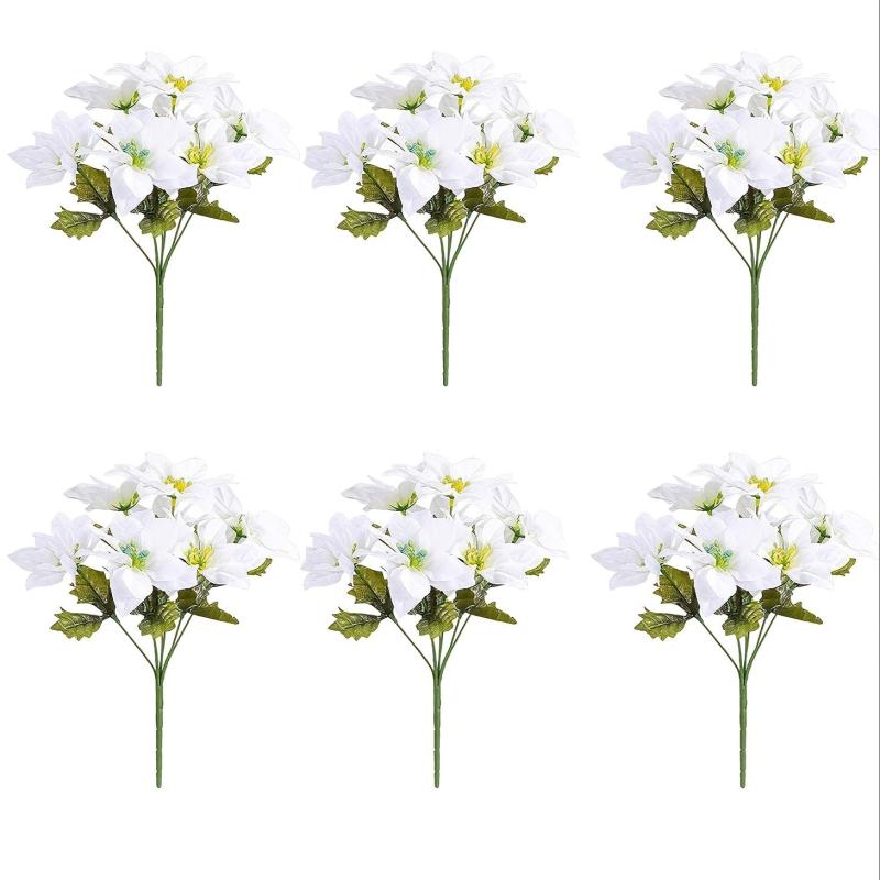 6pcs Christmas Artificial Poinsettia Flowers Faux Silk Poinsettia Bush Bouquets