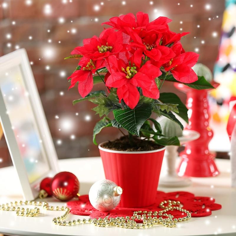 6pcs Christmas Artificial Poinsettia Flowers Faux Silk Poinsettia Bush Bouquets
