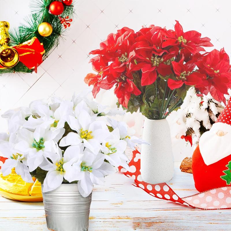 6pcs Christmas Artificial Poinsettia Flowers Faux Silk Poinsettia Bush Bouquets