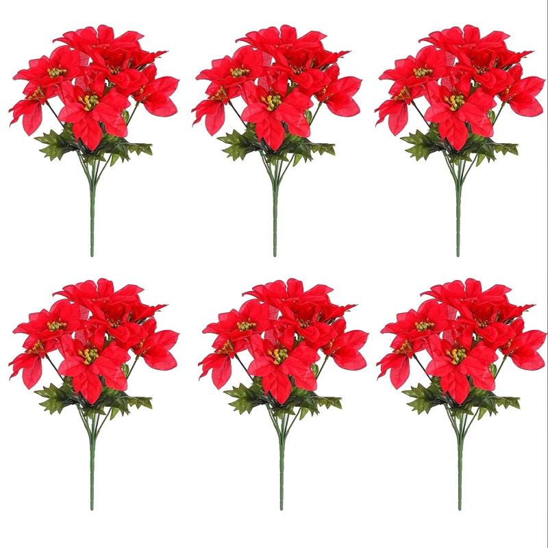 6pcs Christmas Artificial Poinsettia Flowers Faux Silk Poinsettia Bush Bouquets