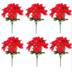 6pcs Christmas Artificial Poinsettia Flowers Faux Silk Poinsettia Bush Bouquets