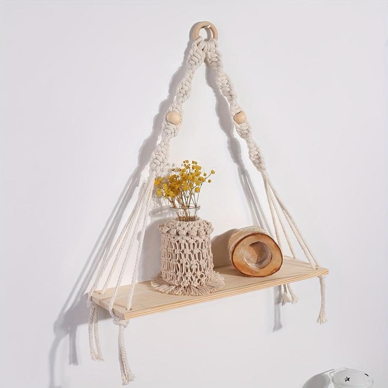 Hand Woven Macrame Rope Tapestry Holder Boho Wood Rack Wall Decor