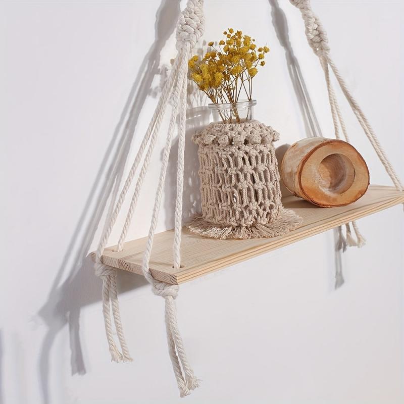Hand Woven Macrame Rope Tapestry Holder Boho Wood Rack Wall Decor