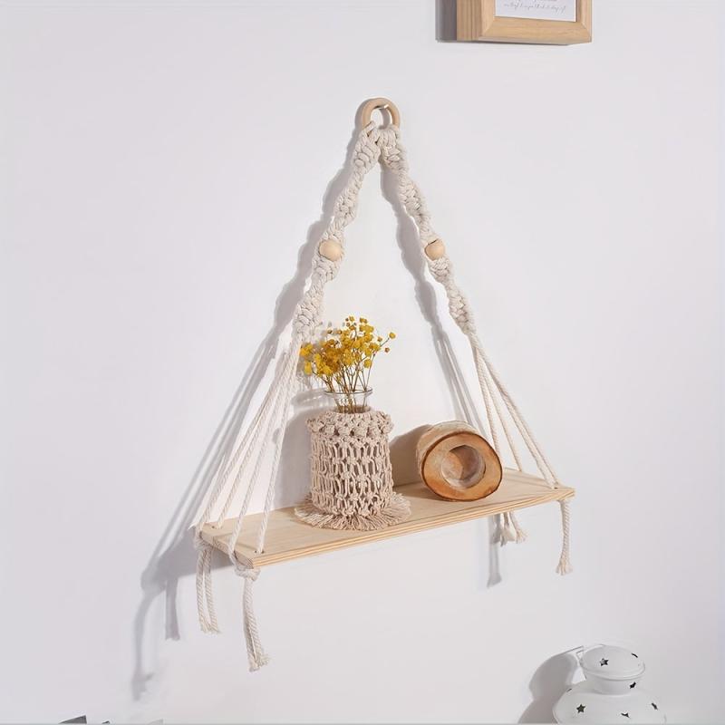 Hand Woven Macrame Rope Tapestry Holder Boho Wood Rack Wall Decor