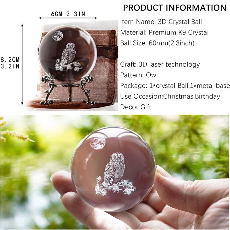 3D Laser Crystal Owl Ball Decorative Glass Sphere with Stand