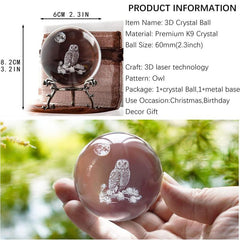 3D Laser Crystal Owl Ball Decorative Glass Sphere with Stand