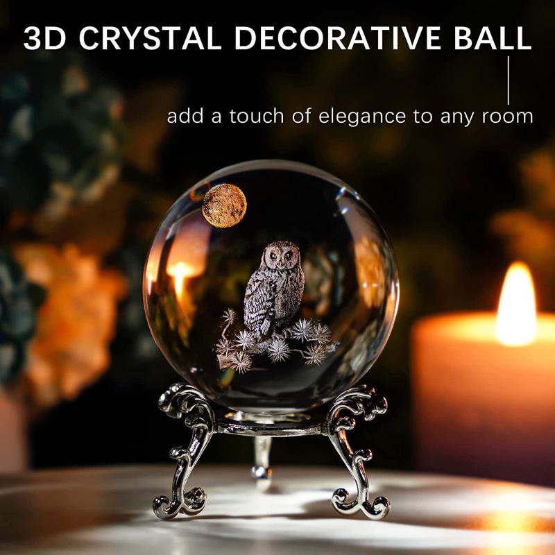 3D Laser Crystal Owl Ball Decorative Glass Sphere with Stand