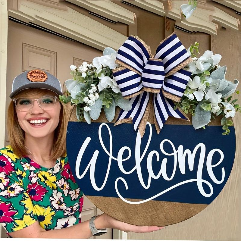 Welcome Signboard Wooden Wreath Front Door Holiday Decor Farmhouse Porch Festi