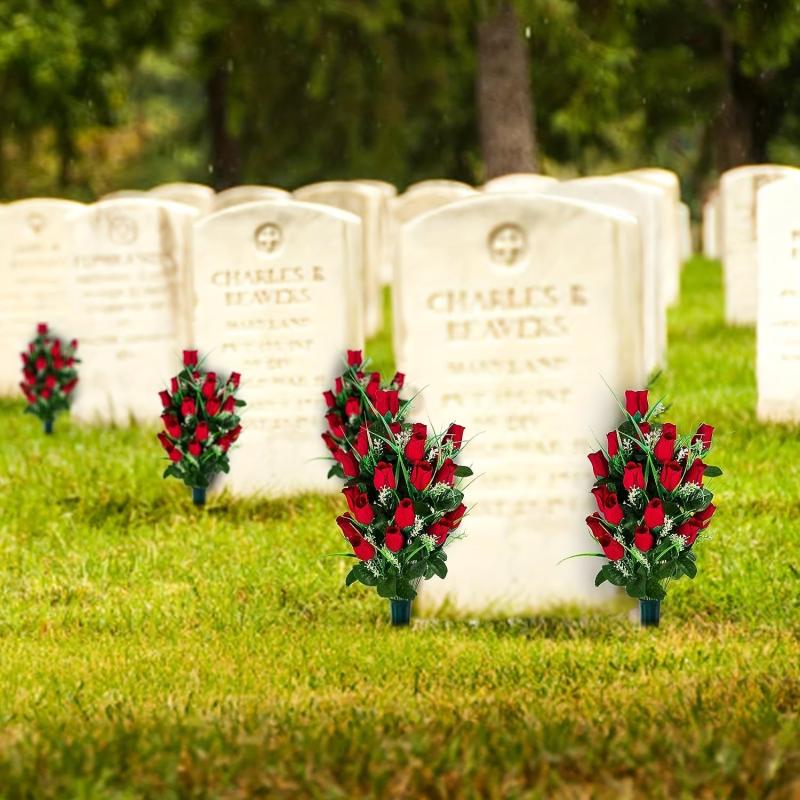 Artificial Cemetery Flowers Outdoor Grave Decorations Roses - Red