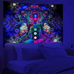 Meditation Blacklight Tapestry UV Reactive Peach Skin Velvet Wall Hanging