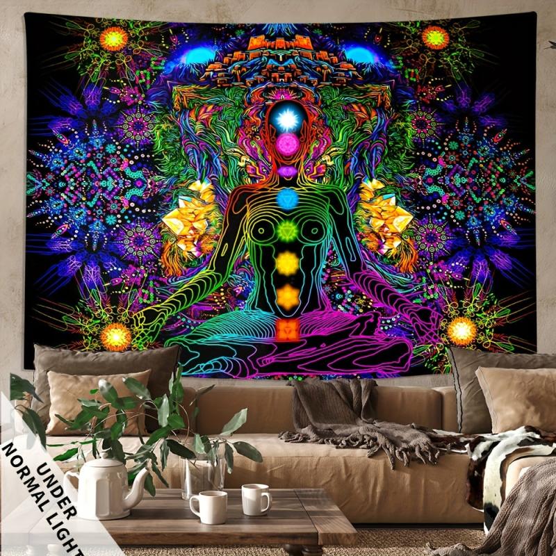 Meditation Blacklight Tapestry UV Reactive Peach Skin Velvet Wall Hanging