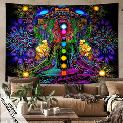 Meditation Blacklight Tapestry UV Reactive Peach Skin Velvet Wall Hanging