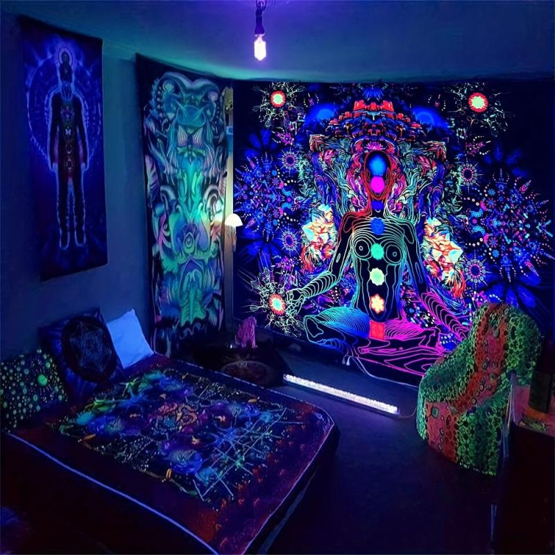 Meditation Blacklight Tapestry UV Reactive Peach Skin Velvet Wall Hanging