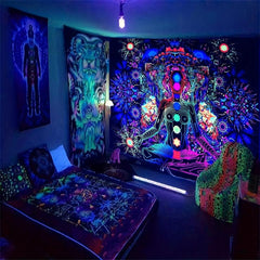 Meditation Blacklight Tapestry UV Reactive Peach Skin Velvet Wall Hanging