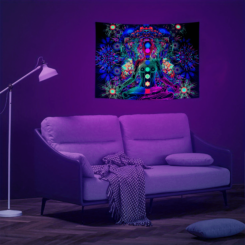 Meditation Blacklight Tapestry UV Reactive Peach Skin Velvet Wall Hanging