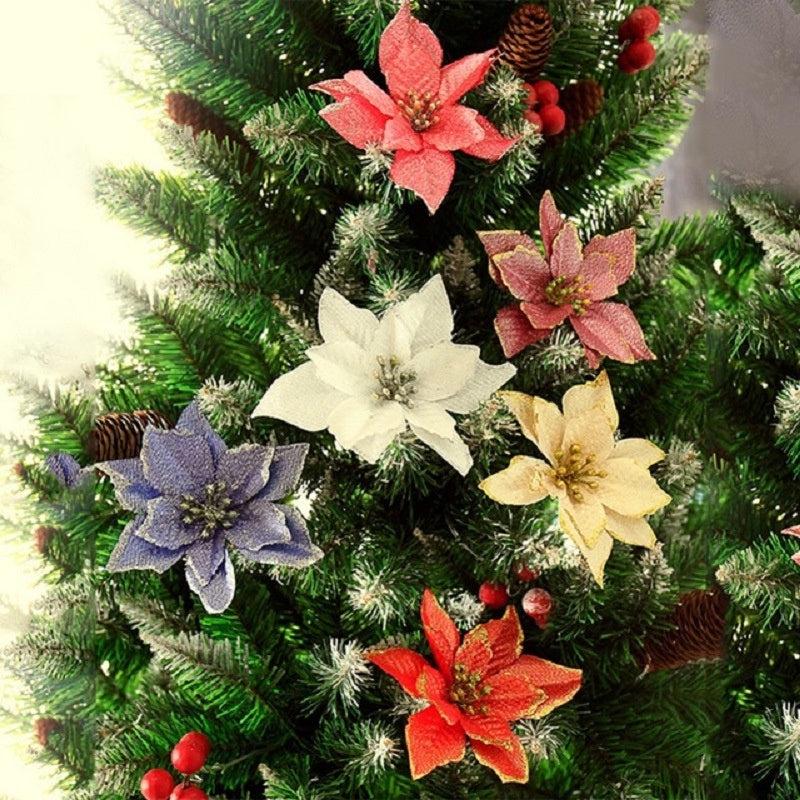 20pcs Glitter Poinsettia Flowers Christmas Tree Ornament DIY Decoration