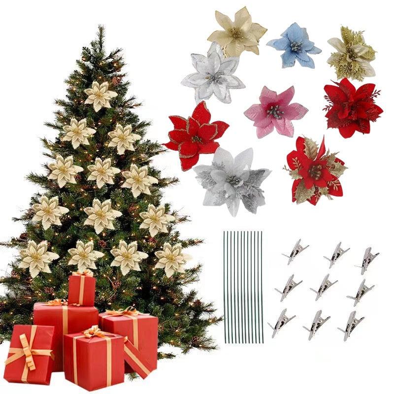20pcs Glitter Poinsettia Flowers Christmas Tree Ornament DIY Decoration