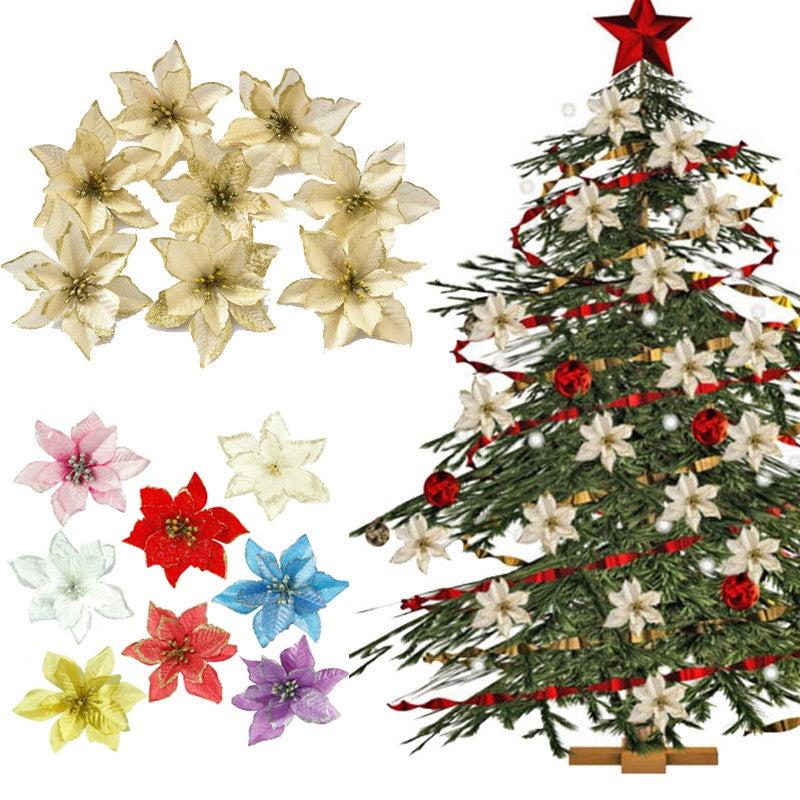 20pcs Glitter Poinsettia Flowers Christmas Tree Ornament DIY Decoration