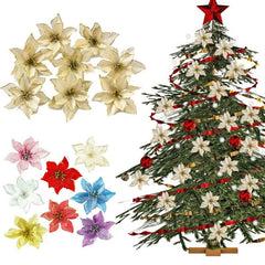 20pcs Glitter Poinsettia Flowers Christmas Tree Ornament DIY Decoration
