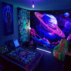 Galaxy Tapestry UV Light Reactive Peach Skin Velvet Wall Hanging
