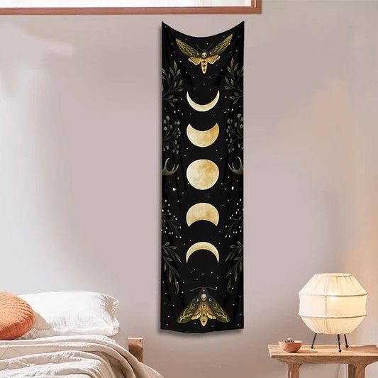 Boho Moon Phase Tapestry Vintage Green Olive Leaf for Living Room Bedroom Decor