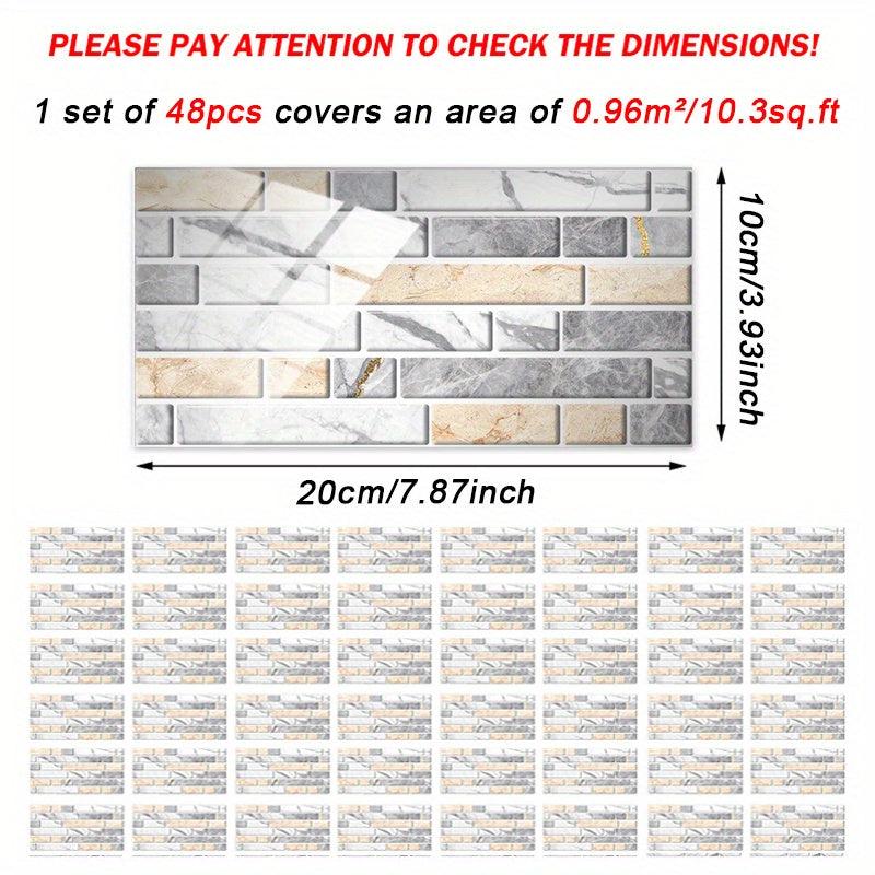 48pcs Marble Tile Stickers Peel & Stick for Bathroom Kitchen Backsplash