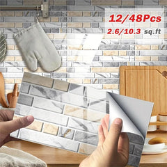 48pcs Marble Tile Stickers Peel & Stick for Bathroom Kitchen Backsplash