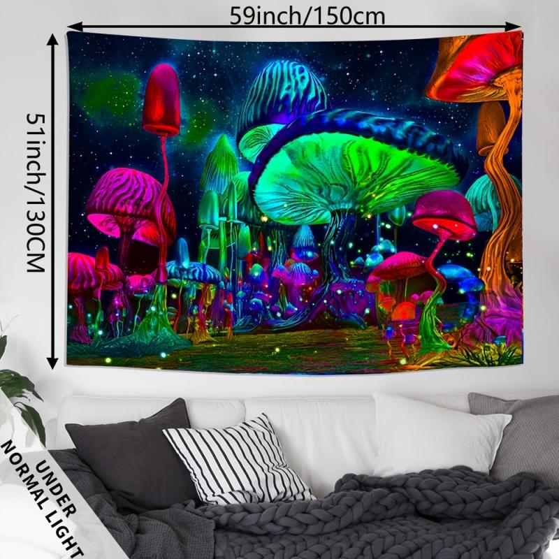 UV Light Mushroom Forest Star Tapestry Wall Hanging