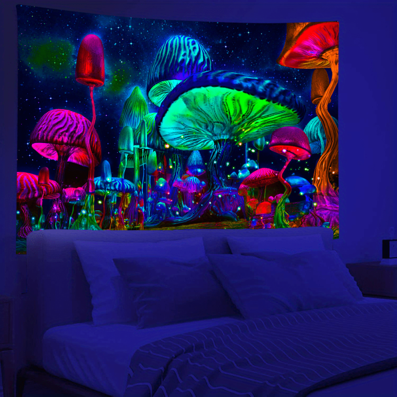 UV Light Mushroom Forest Star Tapestry Wall Hanging