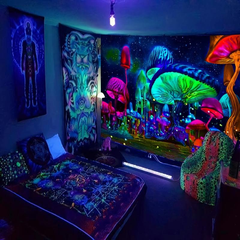 UV Light Mushroom Forest Star Tapestry Wall Hanging
