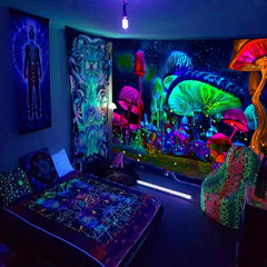 UV Light Mushroom Forest Star Tapestry Wall Hanging