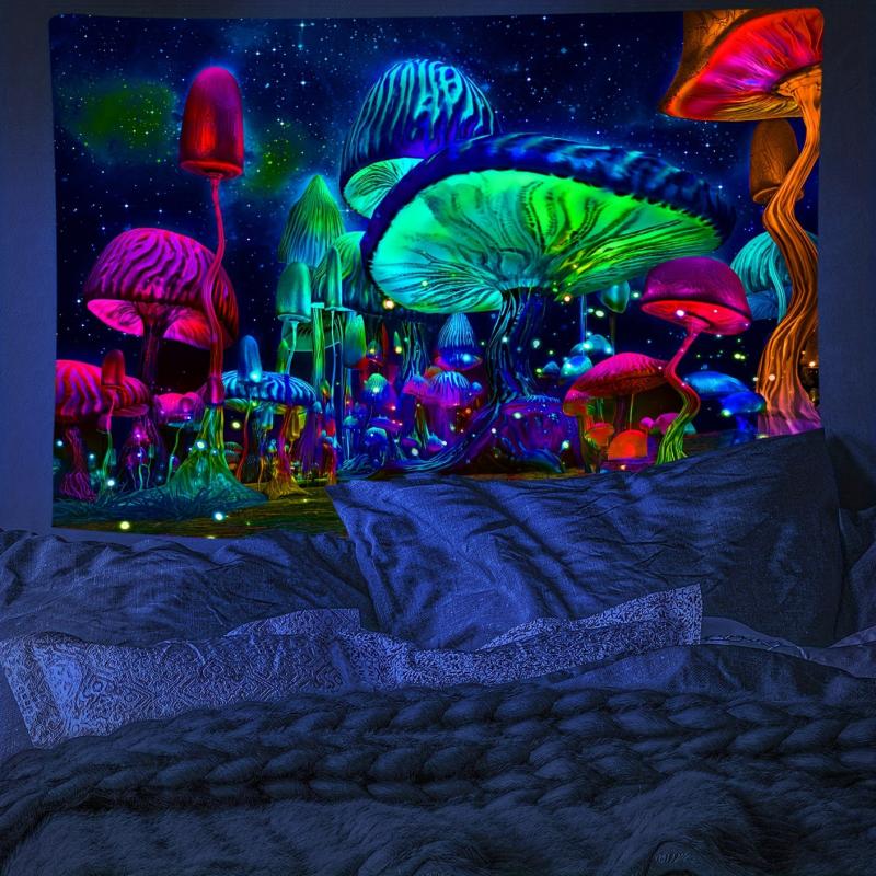 UV Light Mushroom Forest Star Tapestry Wall Hanging
