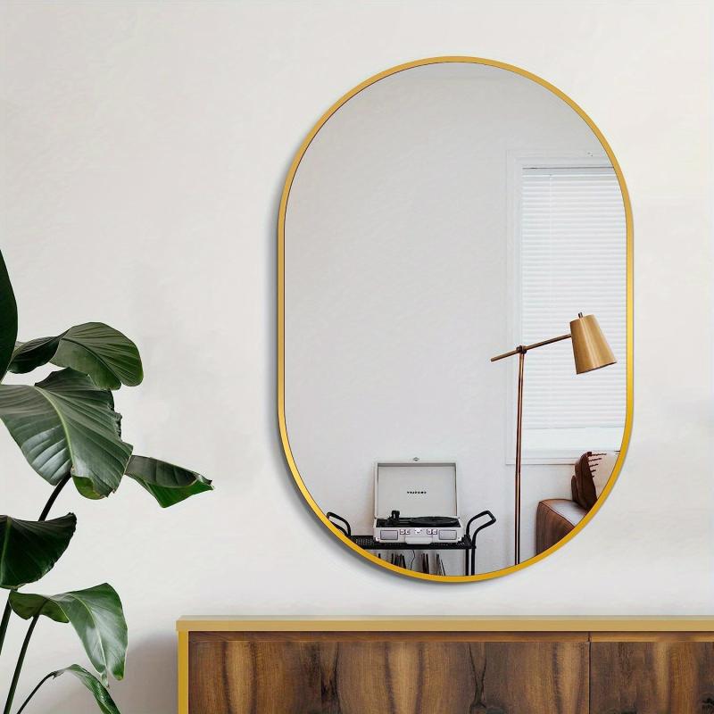 Oval Bathroom Wall Mirror Aluminum Frame Hanging Modern Decor