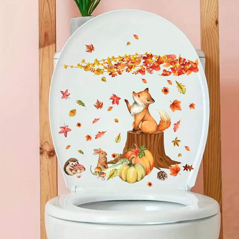 Autumn Maple Leaf Pumpkin Squirrel Toilet Sticker Bathroom Decor